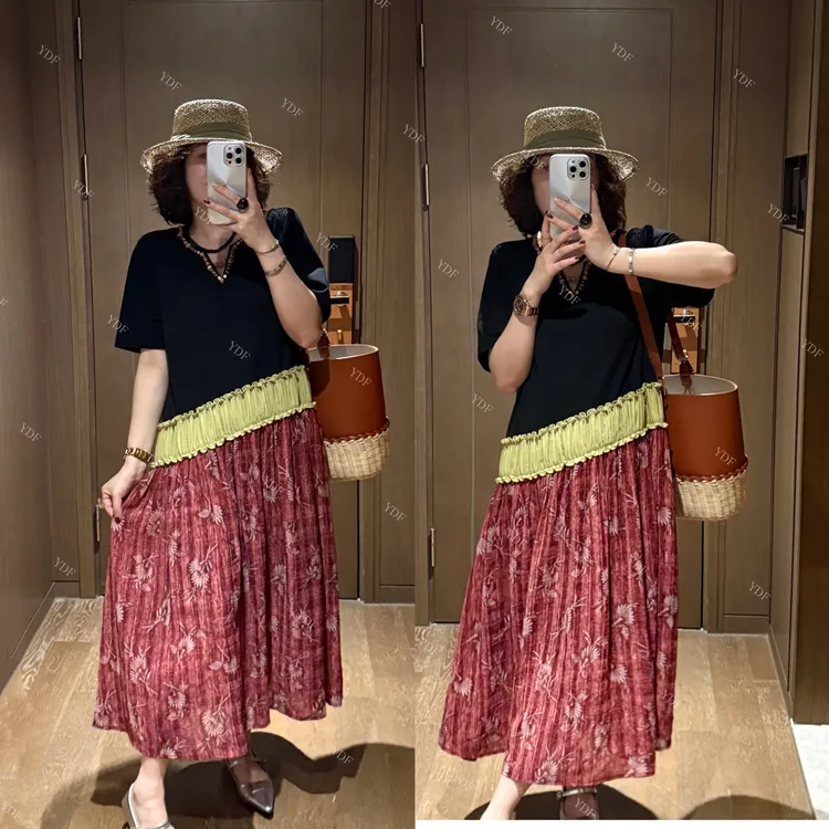 YDFSTUDIO小众【魅力女孩】欧货高品重工撞色拼接设计时尚连衣裙