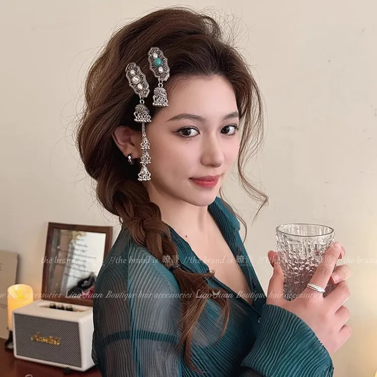 蒙古复古重工流苏铃铛发夹高级感时尚发饰女侧边夹刘海夹发卡