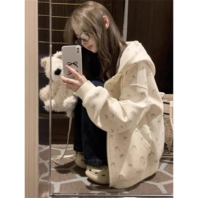 韩版连帽碎花卫衣女2025秋冬新款拉链开衫休闲宽松慵懒风加绒外套