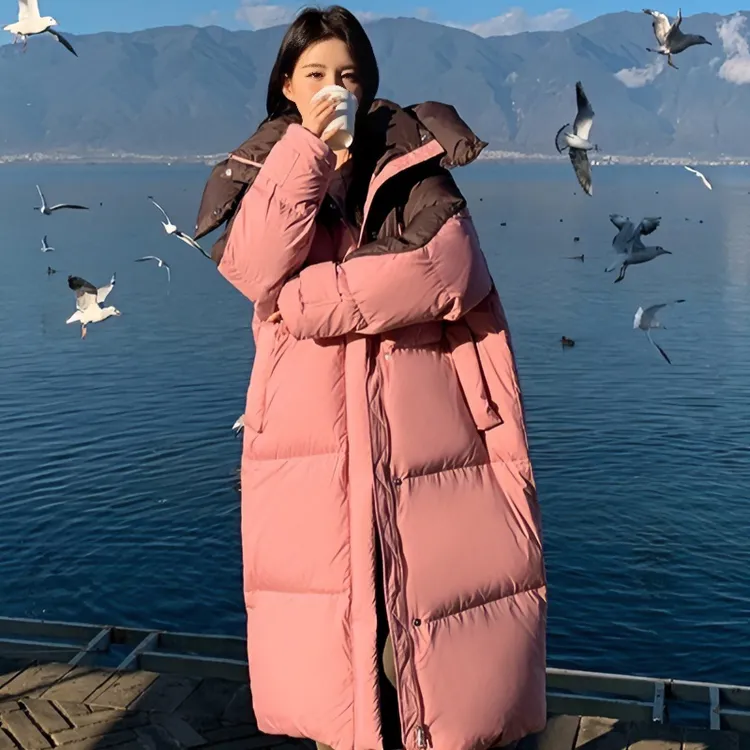 2025冬季新款韩版棉衣女连帽中长款宽松加厚保暖棉服拼色外套潮