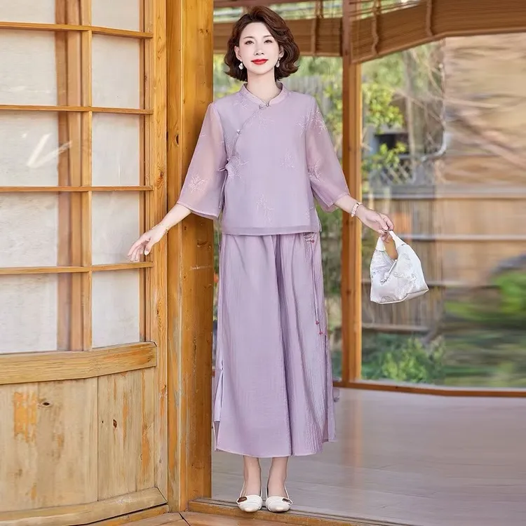 立领纱网休闲风常规中老年女装中式仙气盘扣夏装套装裙复古