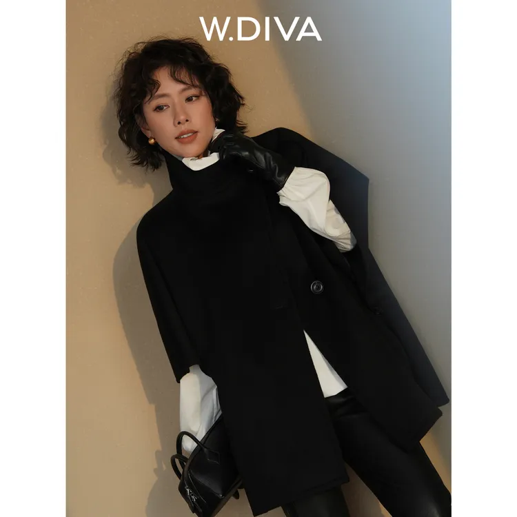 W.Diva【玄黑斗篷】立领皮袢斜门襟山羊绒丝羊毛毛呢大衣54C303270