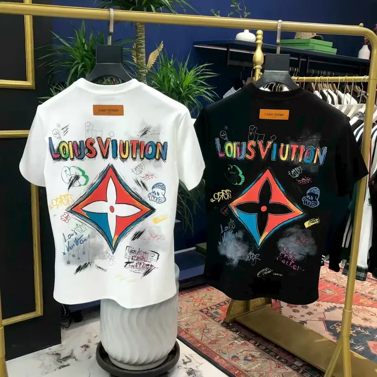 WB99119秋季新款男士彩绘加厚短袖t恤轻奢彩色圆领字母短袖撞色