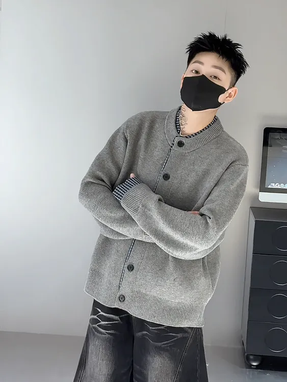 新款格子假两件针织外套简约高级感男装设计款开衫毛衣99026