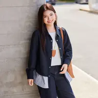 【设计感拼接条纹外套】MsShe大码女装2025款秋装宽松短款M2509062