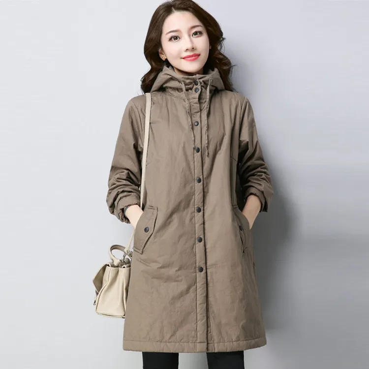 纯棉连帽薄款棉袄女2025新款中长款中年妈妈韩版宽松夹棉加厚外套