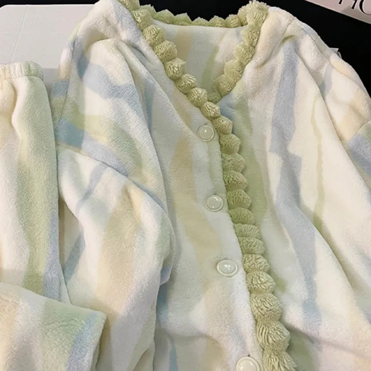 女士冬季新款珊瑚绒加绒加厚长袖开衫保暖睡衣家居服