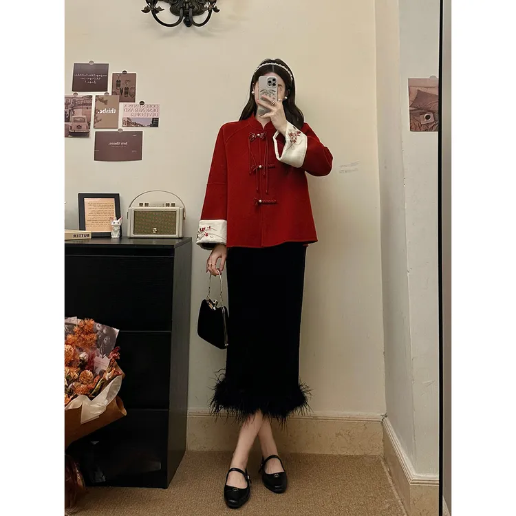 大码女装胖MM秋冬新中式红色过年双面呢大衣毛呢外套半身裙两件套