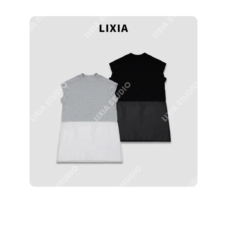 LIXIA【拼派】纯棉拼接圆领飞袖ins风时尚感T恤-D8323
