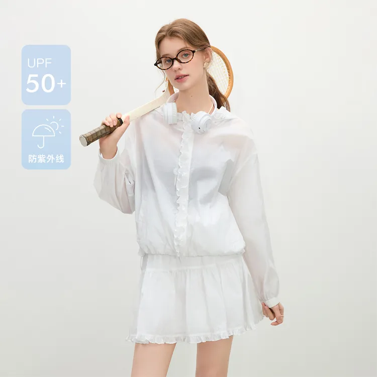 范思蓝恩白色木耳边连帽夏季2025新款防晒服短裙25FS12410/12525