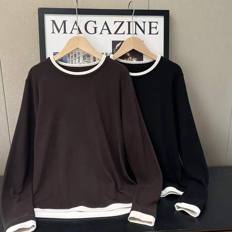 大码简约百搭双面奥绒拼色t恤上衣秋冬微胖mm宽松显瘦内搭打底衫