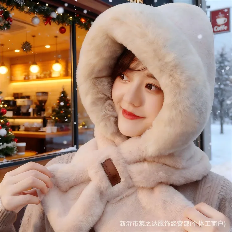 毛绒帽子女秋冬可爱围脖一体围巾冬季护耳显脸小保暖米白色成人帽