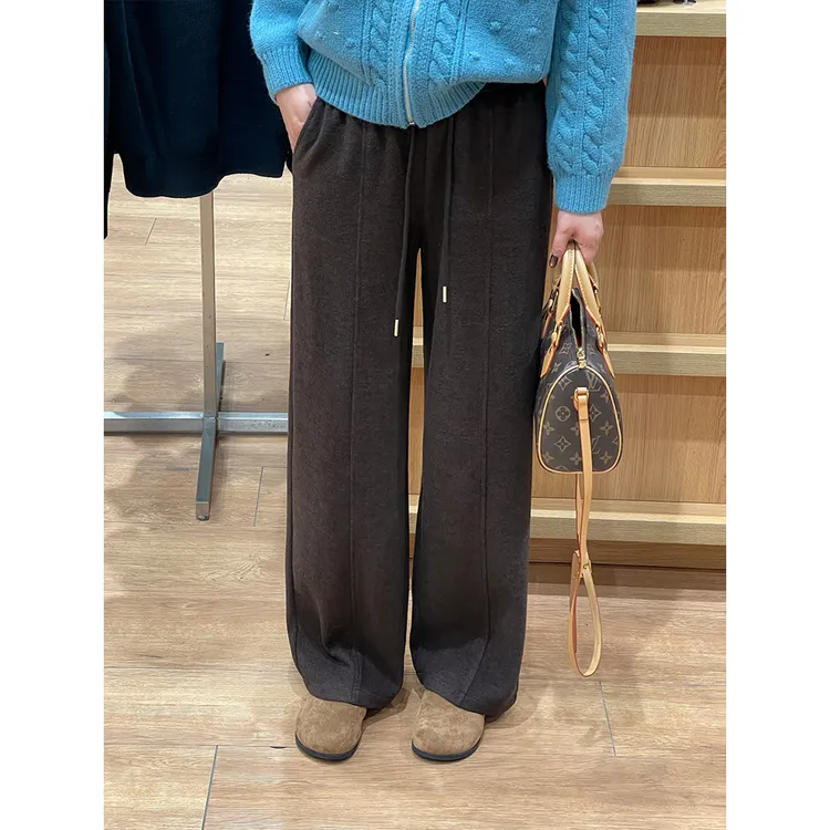 WenWen小个子2025秋冬新款抽绳松紧腰立体拼接直筒高腰长裤4565