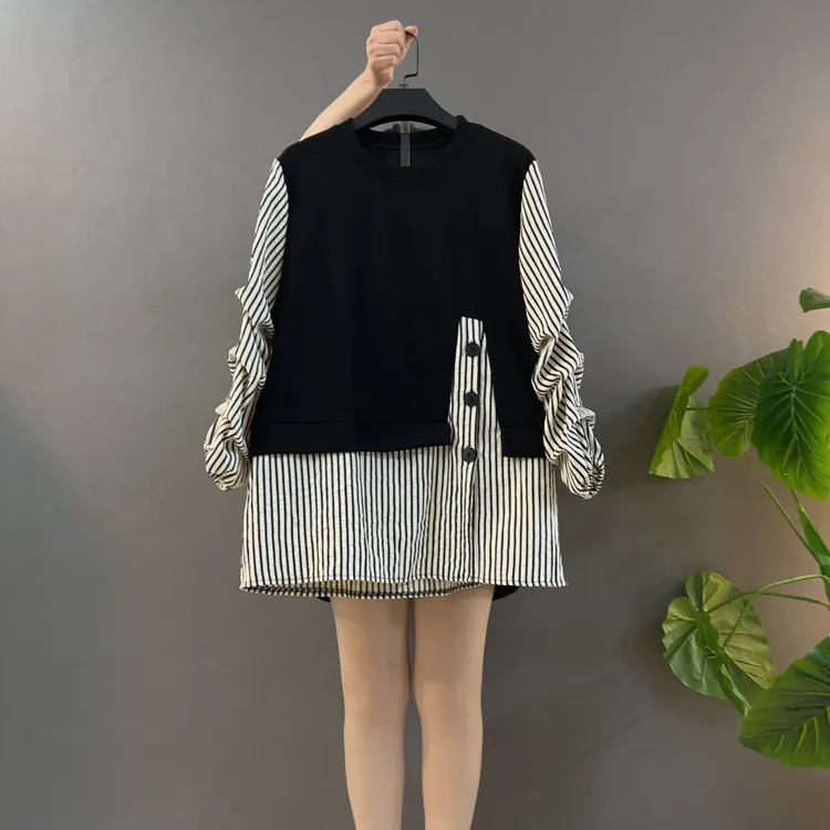 时尚减龄遮肚子长袖衬衫拼接假两件洋气衬衫打底衫