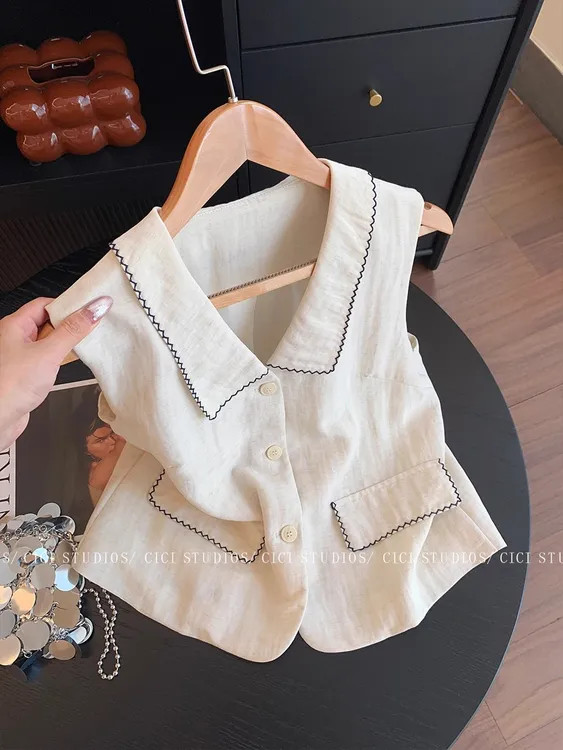 法式翻领无袖亚麻衬衫背心女夏季2025慵懒宽松气质休闲简约上衣
