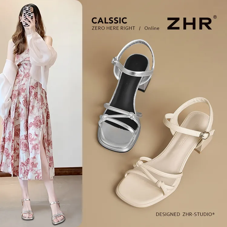ZHR/则则英伦风方头凉鞋女2025夏爆款透气中跟凉鞋露趾百搭时装鞋