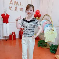 AML2 网纱拼接时尚烫钻修身显瘦2025夏季新款字母女装T恤上衣