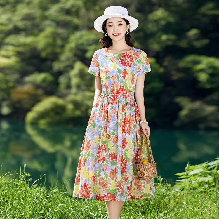 夏季薄款短袖纯棉印花连衣裙女2025新款洋气减龄休闲气质显瘦裙子