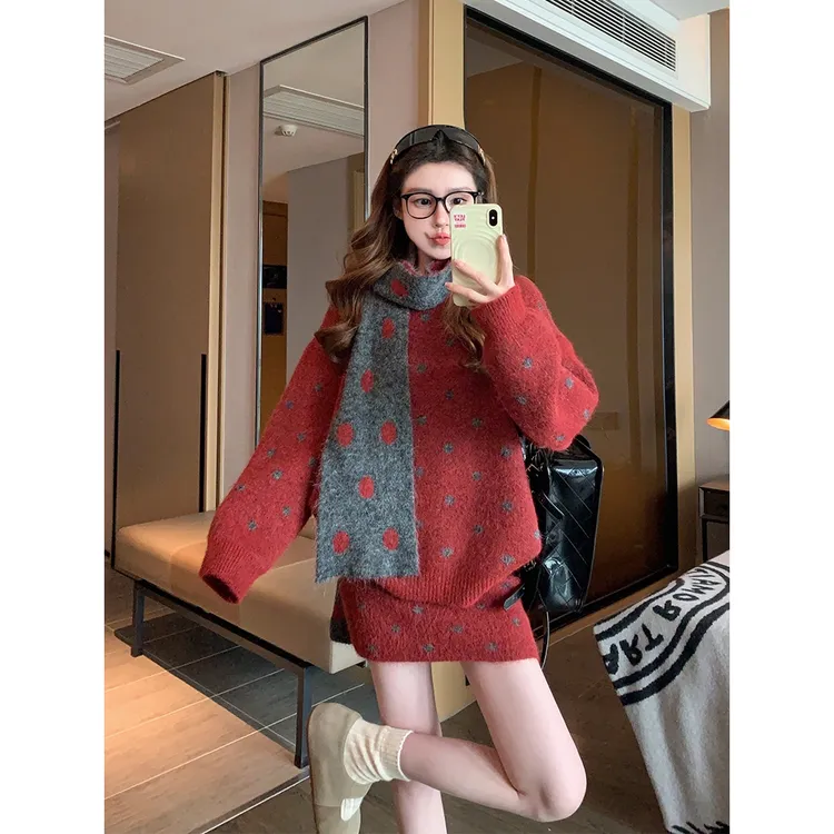 红色波点毛衣套装女2025新款韩系一整套深冬穿搭针织半身裙两件套