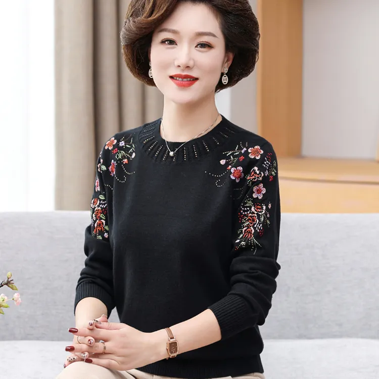 妈妈款秋装羊毛衣中年女圆领内搭上衣服50岁60中老年人春秋打底衫