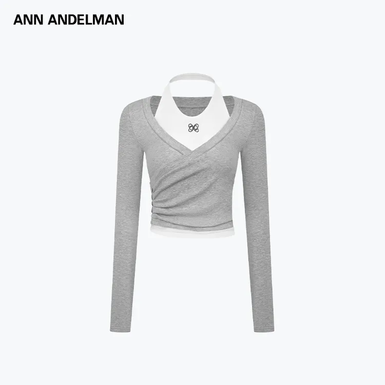 ANN ANDELMAN 25秋 时尚设计薄款挂脖修身长袖针织真两件上衣