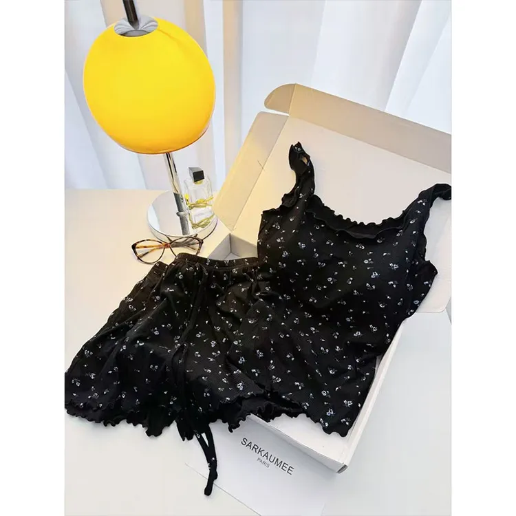 夏季bm风韩系小碎花吊带短裤睡衣含胸垫螺纹背心打底套装家居服女