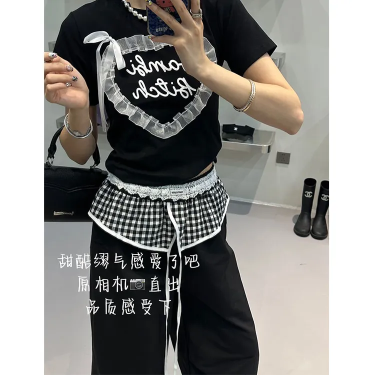 韩系2025小众甜美风蕾丝边爱心上衣＋阔腿裤显瘦套装欧若假日风潮