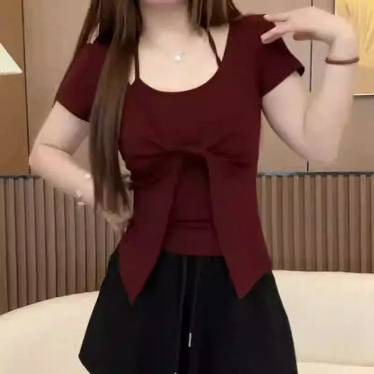 大码纯欲假两件短袖女恤女夏季胖显瘦短款设计感修身辣妹上衣