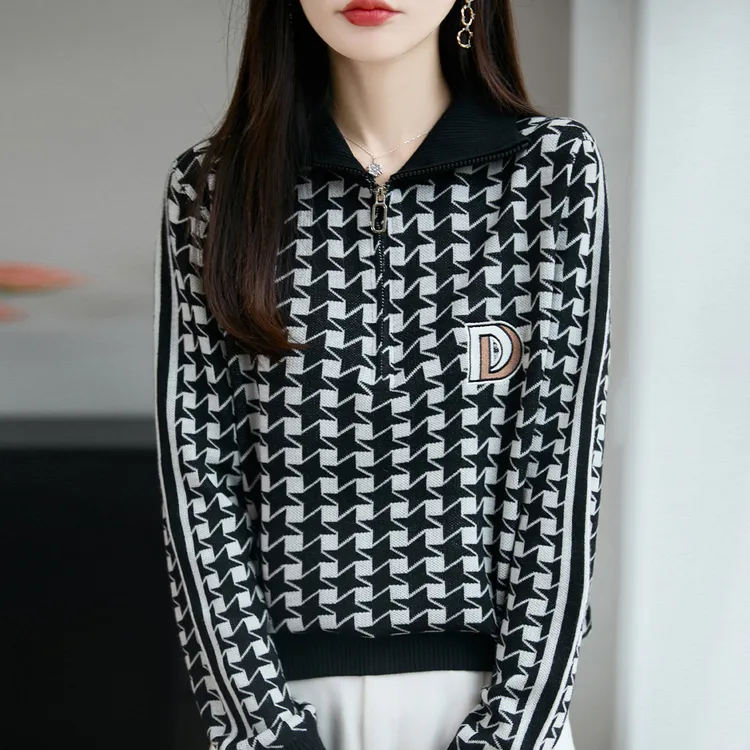 胖mm春秋大码翻领毛衣女遮肚子显瘦千鸟格上衣秋冬内搭针织打底衫
