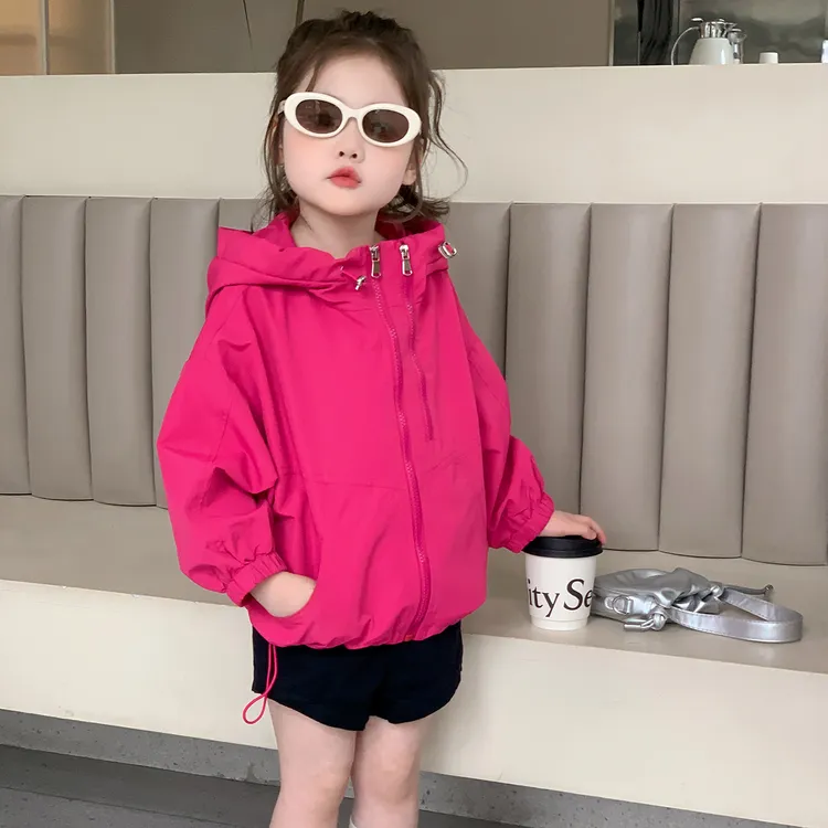 女童休闲春秋连帽外套2025新款儿童洋气韩版纯色双拉链女宝宝外套