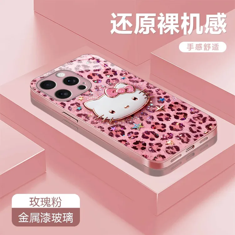 豹纹kt猫适用苹果17/16华为p70/vivo/oppo金属漆玻璃手绳防摔手