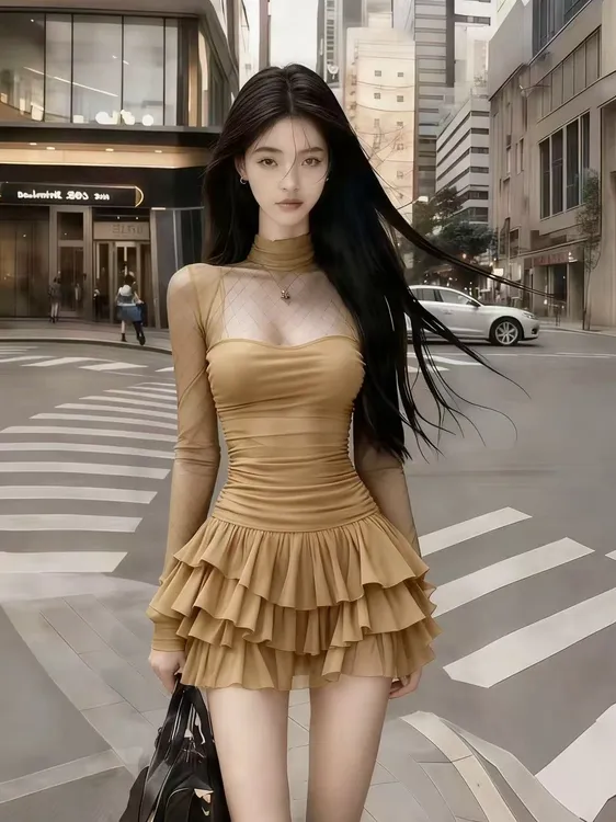 轻奢气质名媛纯欲卡其色半高领网纱拼接微透氛围感气质辣妹连衣裙