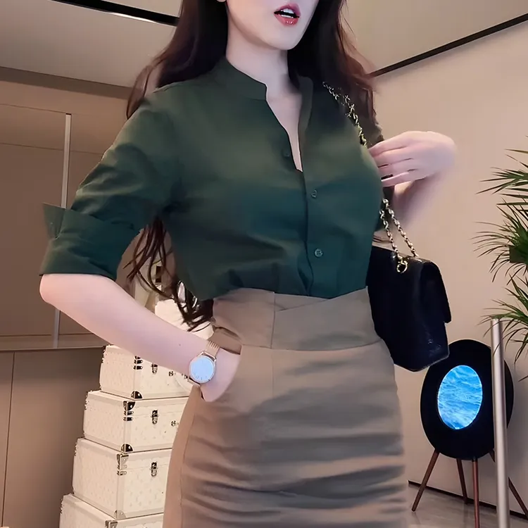 绿色polo领长袖衬衫女装2025韩系春秋氛围感穿搭衬衣独特绝美上衣