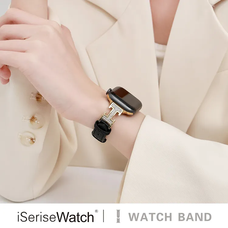 iserisewatch适用苹果手表s11表带iwatchs10代皮质金属工字镶钻
