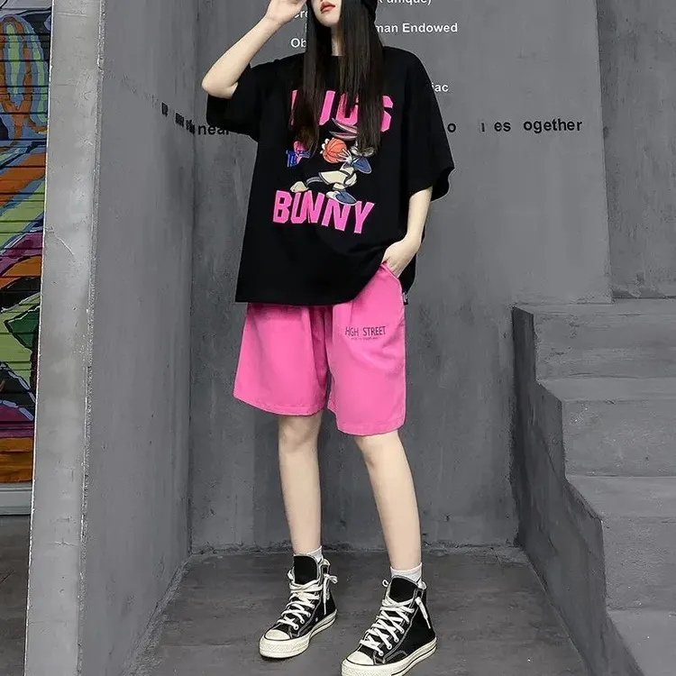 大码欧货酷酷风格女装短袖T恤五分短裤两件套ins炸街休闲运动套装