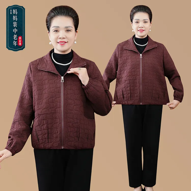 秋季新款时尚翻领拉链款短外套中老年女装妈妈装大码洋气休闲外套