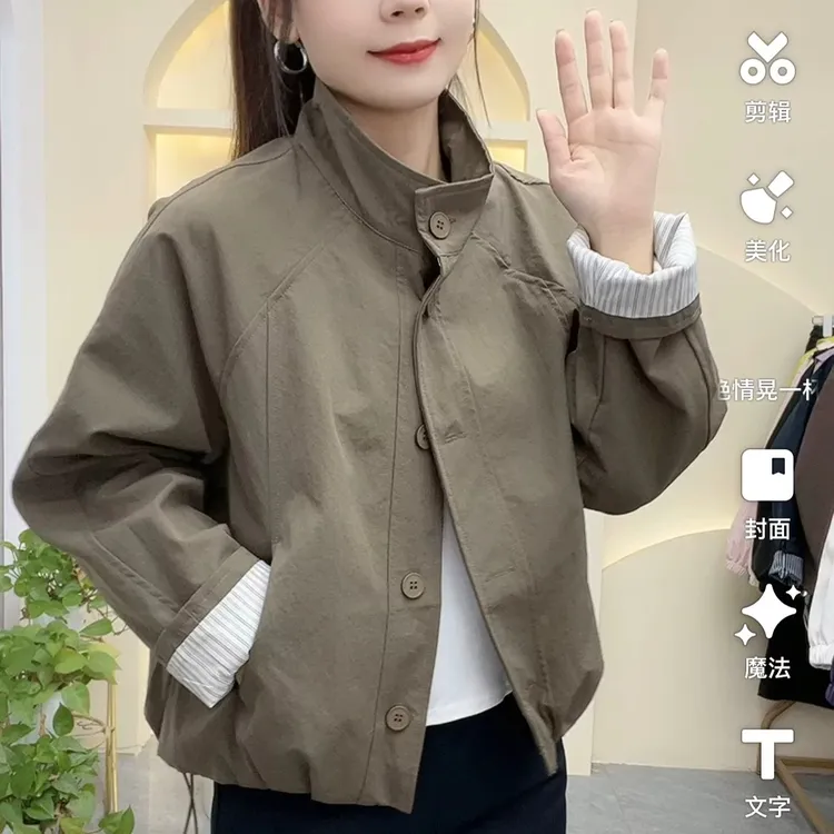 韩版秋季短款百搭常条纹袖立领休闲风衣女款短外套2575