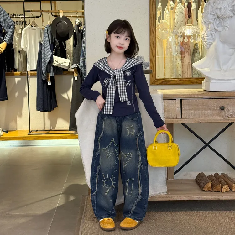 女童2025春秋新款宽松刺绣毛边牛仔裤甜酷时尚洋气休闲披肩上衣潮
