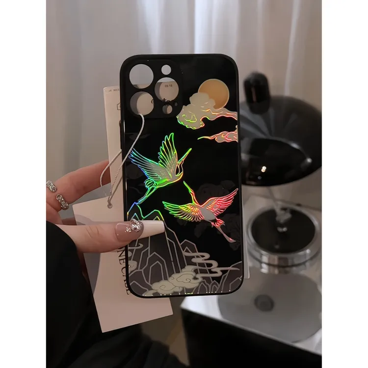 适用苹果15肤感玻璃壳iPhone16可爱防摔手机壳华为个性中式风仙鹤