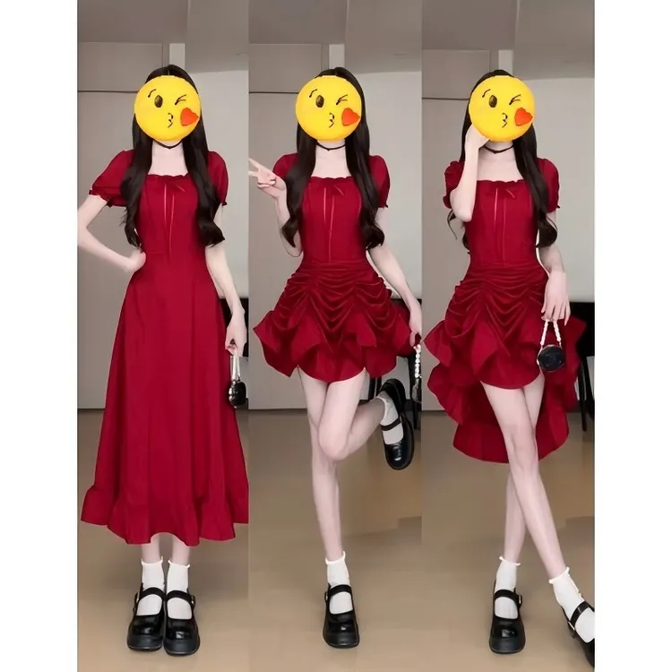 红色方领修身显气质纯色长款连衣裙夏季新款25082