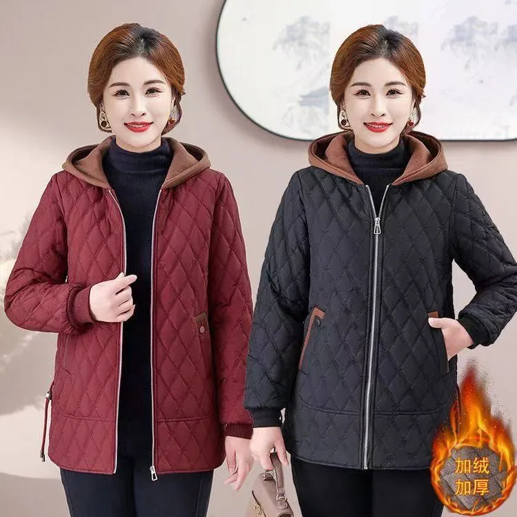 2025大码加绒加厚连帽冬款保暖棉衣中年妈妈时尚百搭女装外套