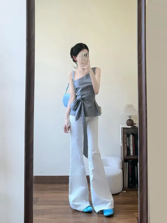 2025夏季新款法式不规则斜肩绑带格子吊带背心上衣女休闲裤两件套