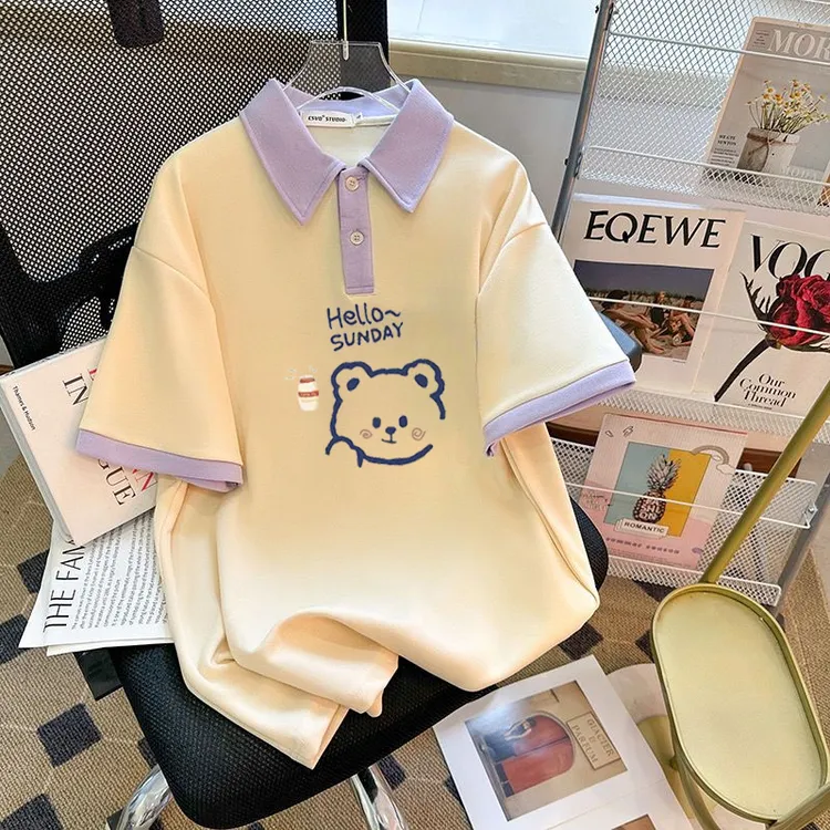 中大童甜美可爱上衣夏季POLO领短袖新款宽松字母印花半袖T恤上衣