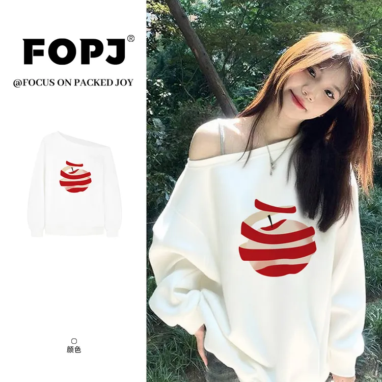 FOPJ春秋新款韩系宽松斜肩长袖卫衣女休闲百搭纯欲风辣妹露肩上衣