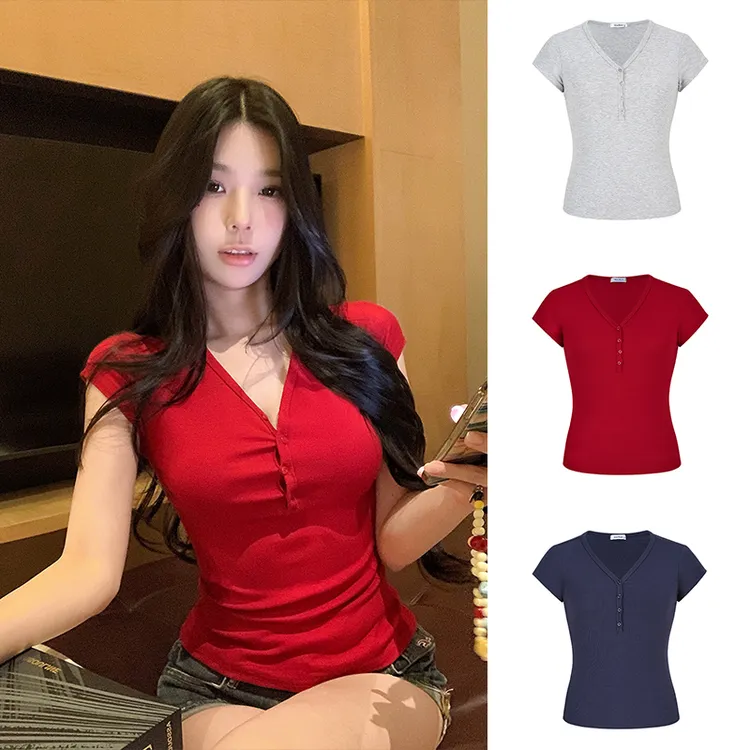 Moses Queen/魔西女王美式复古V领排扣短袖T恤修身显瘦短款上衣