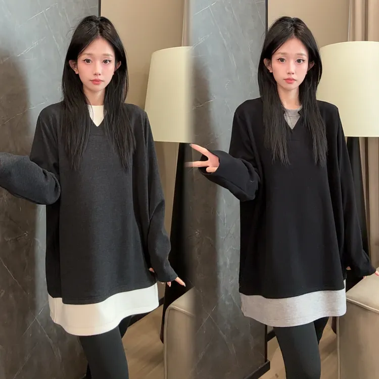 二姐的宝藏【假两件V领】领口慵懒纯色宽松百搭加绒长袖卫衣#25483