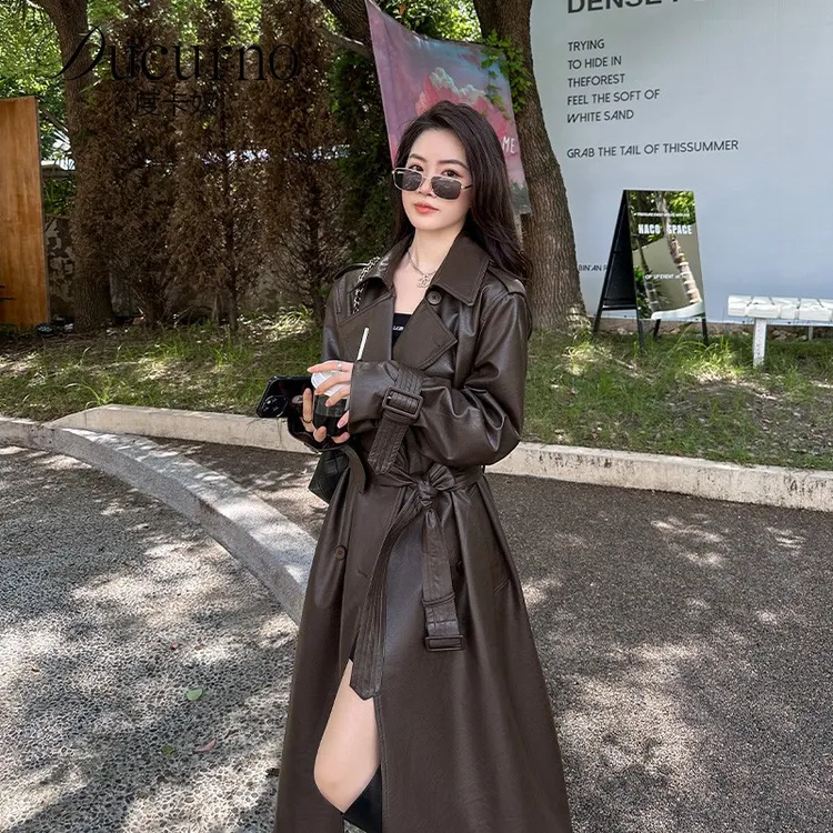 美拉德棕色高级感皮衣女2025秋季款时尚气质休闲中长版皮风衣外套