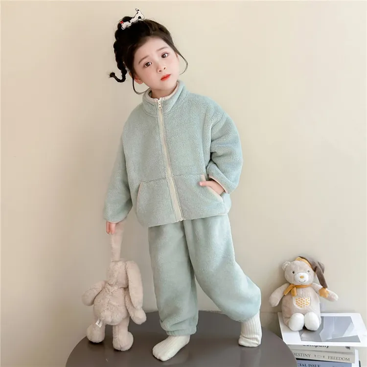 女童睡衣冬季加厚款宝宝法兰绒保暖家居服女孩拉链儿童珊瑚绒套装