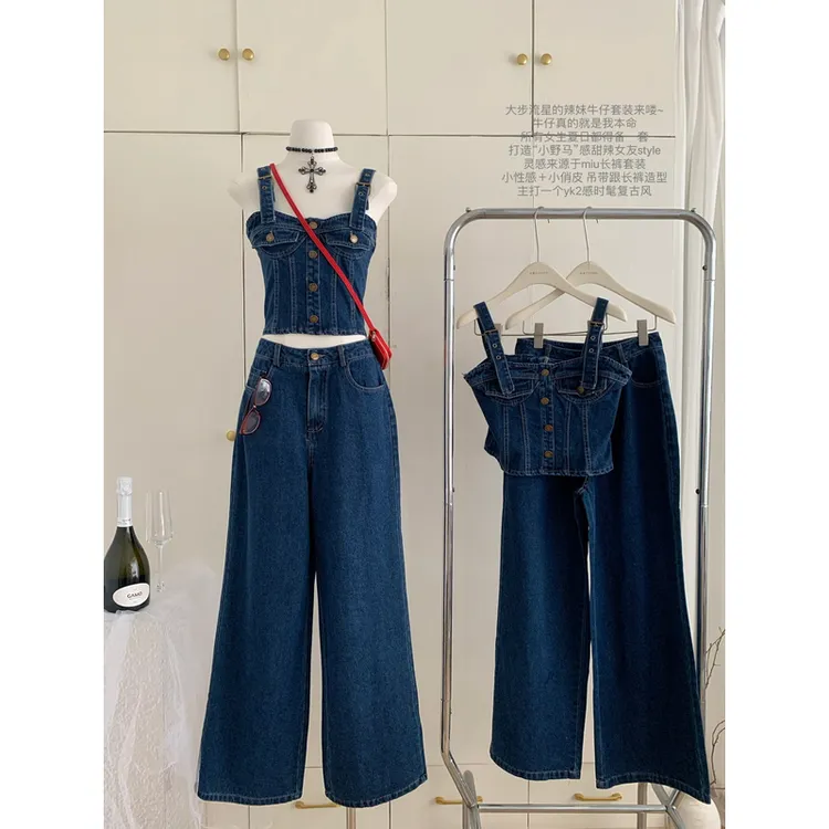 辣妹牛仔套装女2025春季新款抹胸鱼骨上衣牛仔裤两件套