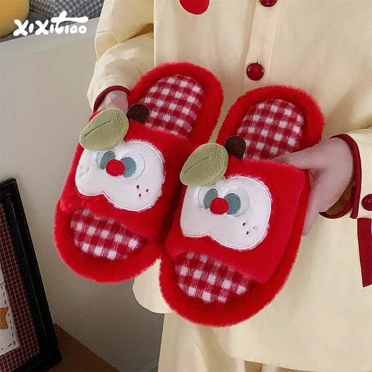细细条 红苹果毛毛拖鞋宿舍居家防滑可爱学生秋冬一字棉拖鞋女ins